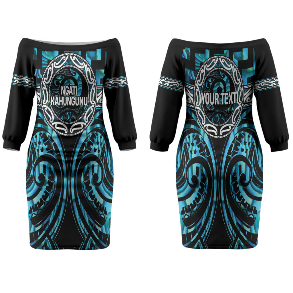 Aotearoa Ngati Kahungunu Personalised Family Matching Off The Shoulder Long Sleeve Dress and Hawaiian Shirt Maori Iwi Poutama Puhoro Tattoo LT14 Mom's Dress Turquoise - Polynesian Pride