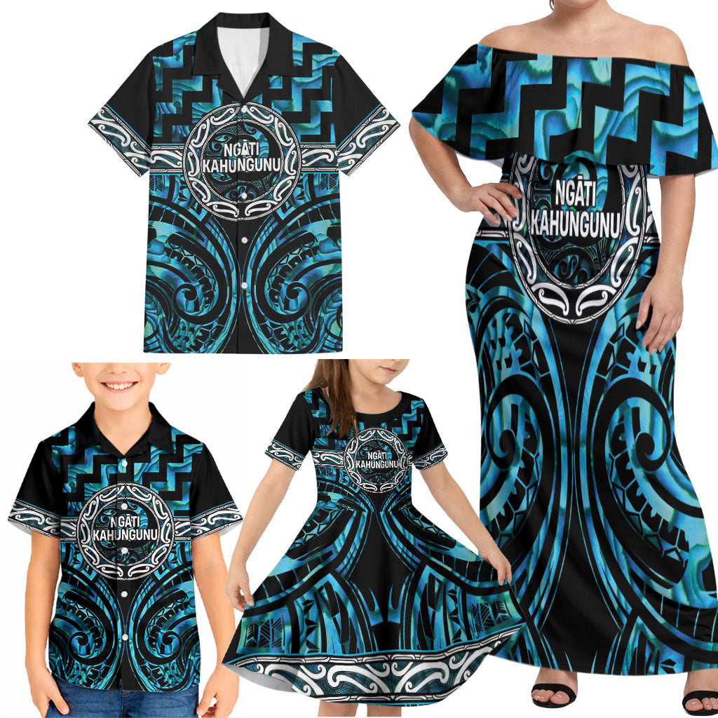 Aotearoa Ngati Kahungunu Personalised Family Matching Off Shoulder Maxi Dress and Hawaiian Shirt Maori Iwi Poutama Puhoro Tattoo LT14 - Polynesian Pride
