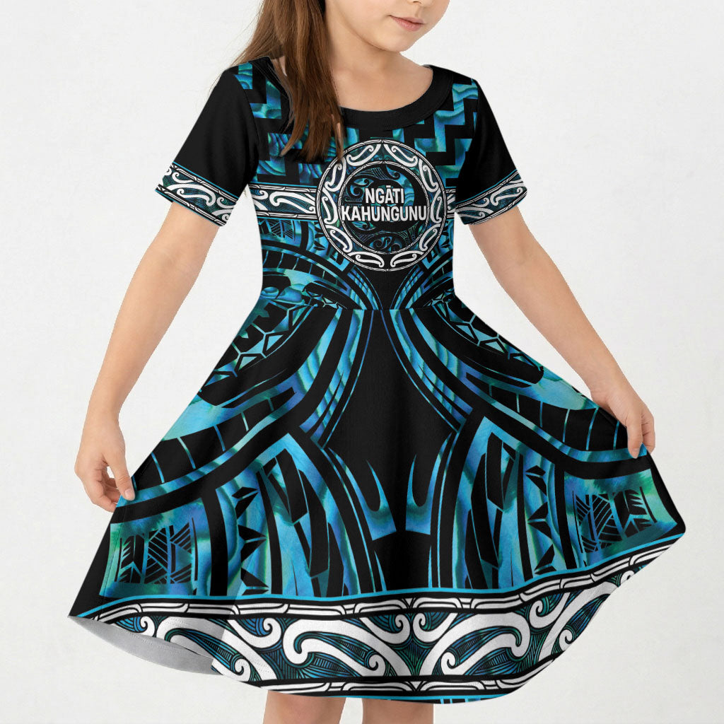 Aotearoa Ngati Kahungunu Personalised Kid Short Sleeve Dress Maori Iwi Poutama Puhoro Tattoo
