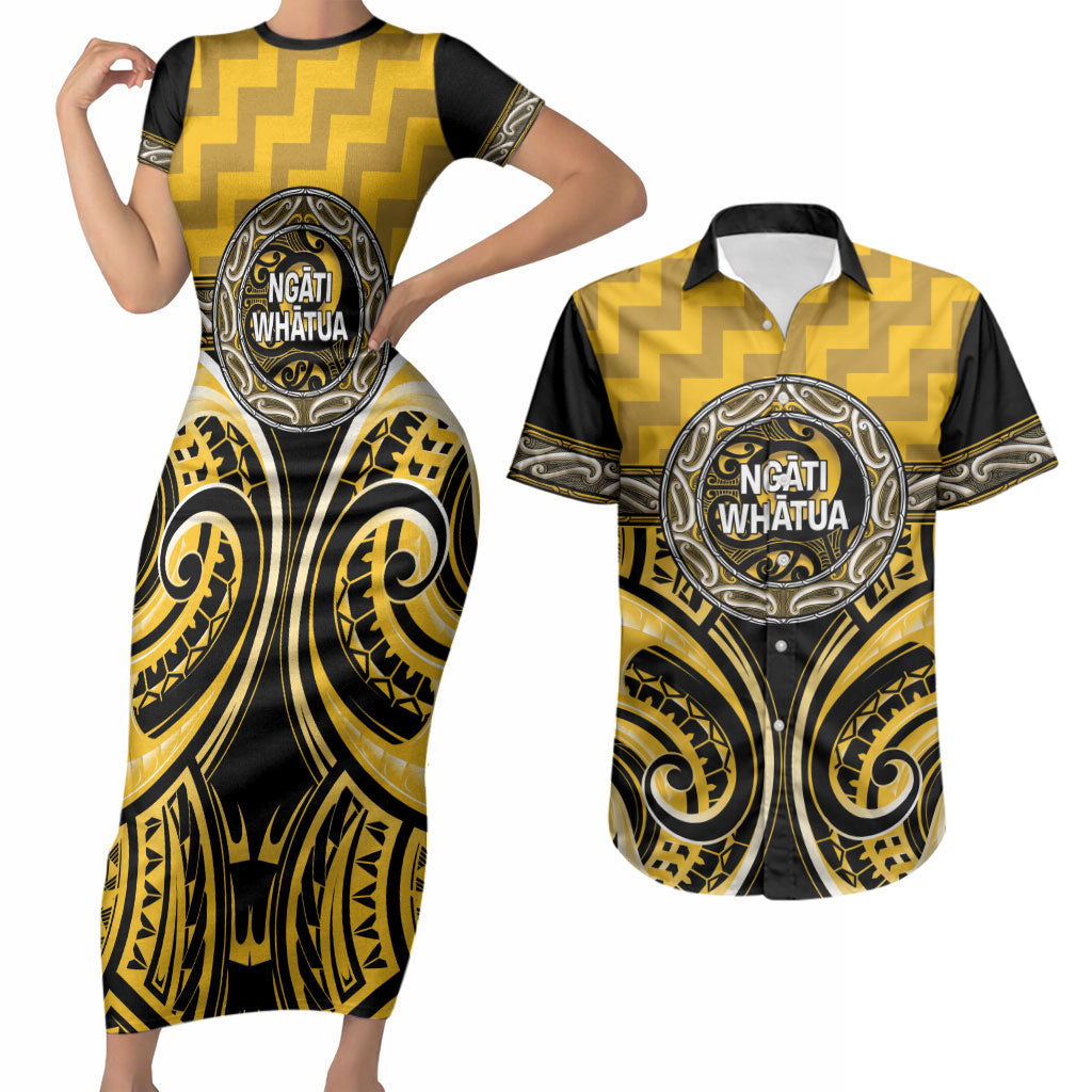 Aotearoa Ngati Whatua Personalised Couples Matching Short Sleeve Bodycon Dress and Hawaiian Shirt Maori Iwi Poutama Puhoro Tattoo LT14 Yellow - Polynesian Pride