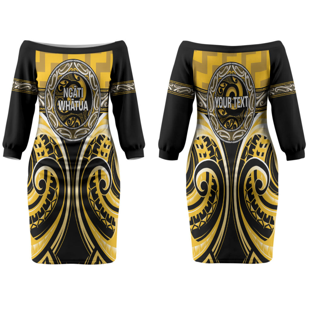 Aotearoa Ngati Whatua Personalised Family Matching Off The Shoulder Long Sleeve Dress and Hawaiian Shirt Maori Iwi Poutama Puhoro Tattoo LT14 Mom's Dress Yellow - Polynesian Pride