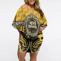 Aotearoa Ngati Whatua Personalised Off Shoulder Short Dress Maori Iwi Poutama Puhoro Tattoo LT14 Women Yellow - Polynesian Pride