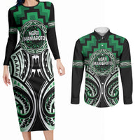 Aotearoa Ngati Maniapoto Personalised Couples Matching Long Sleeve Bodycon Dress and Long Sleeve Button Shirt Maori Iwi Poutama Puhoro Tattoo LT14 Green - Polynesian Pride