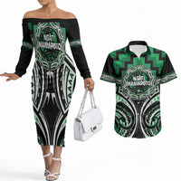 Aotearoa Ngati Maniapoto Personalised Couples Matching Off The Shoulder Long Sleeve Dress and Hawaiian Shirt Maori Iwi Poutama Puhoro Tattoo LT14 Green - Polynesian Pride