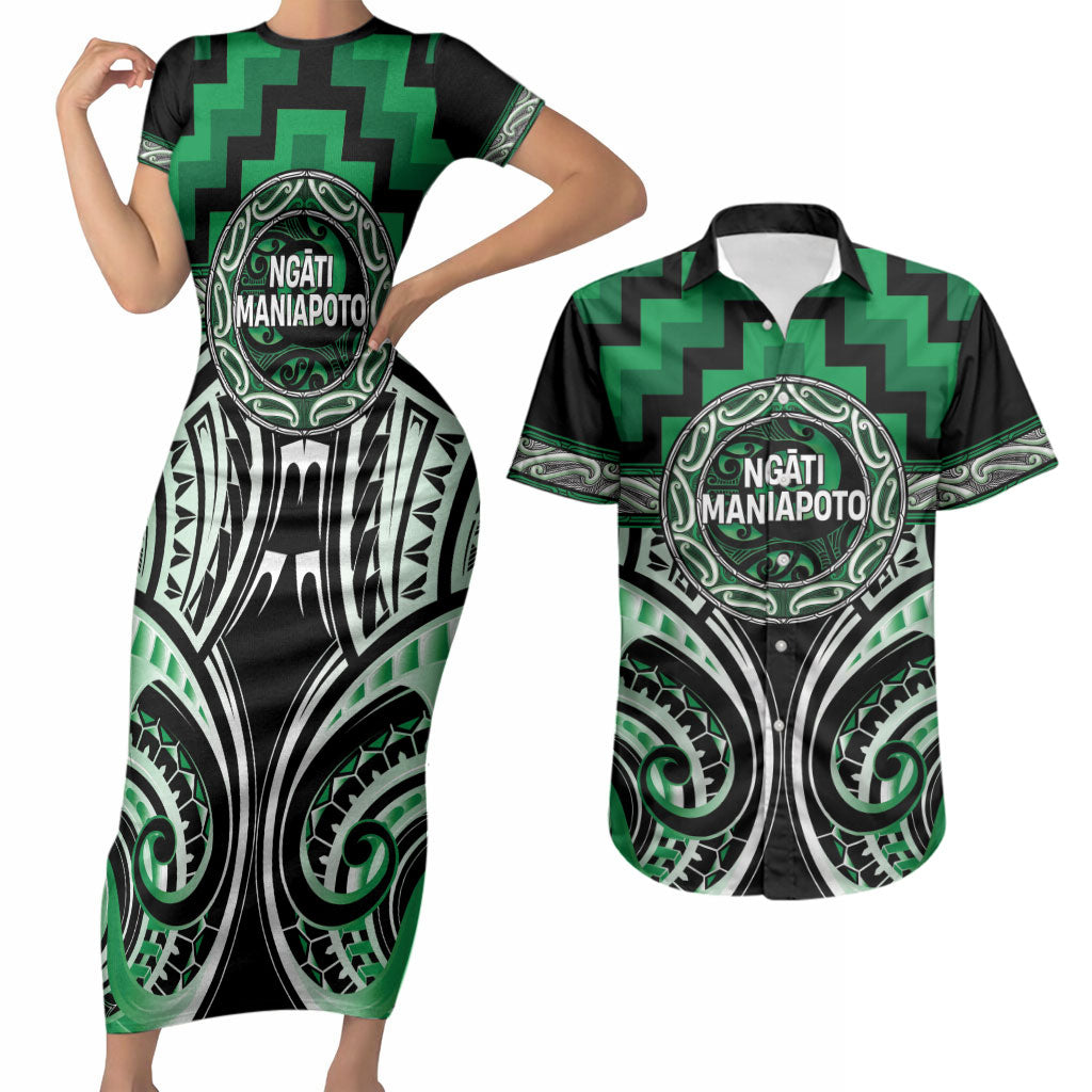 Aotearoa Ngati Maniapoto Personalised Couples Matching Short Sleeve Bodycon Dress and Hawaiian Shirt Maori Iwi Poutama Puhoro Tattoo LT14 Green - Polynesian Pride