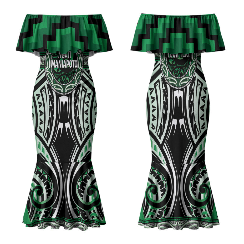 Aotearoa Ngati Maniapoto Personalised Family Matching Mermaid Dress and Hawaiian Shirt Maori Iwi Poutama Puhoro Tattoo LT14 Mom's Dress Green - Polynesian Pride