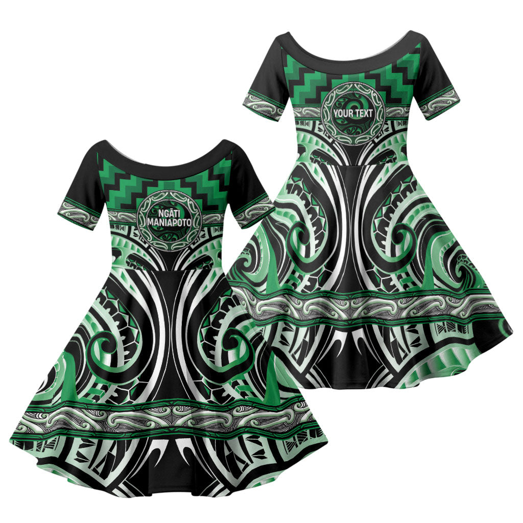 Aotearoa Ngati Maniapoto Personalised Family Matching Off Shoulder Short Dress and Hawaiian Shirt Maori Iwi Poutama Puhoro Tattoo LT14 Daughter's Dress Green - Polynesian Pride