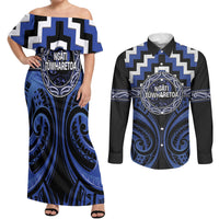Aotearoa Ngati Tuwharetoa Personalised Couples Matching Off Shoulder Maxi Dress and Long Sleeve Button Shirt Maori Iwi Poutama Puhoro Tattoo LT14 Blue - Polynesian Pride