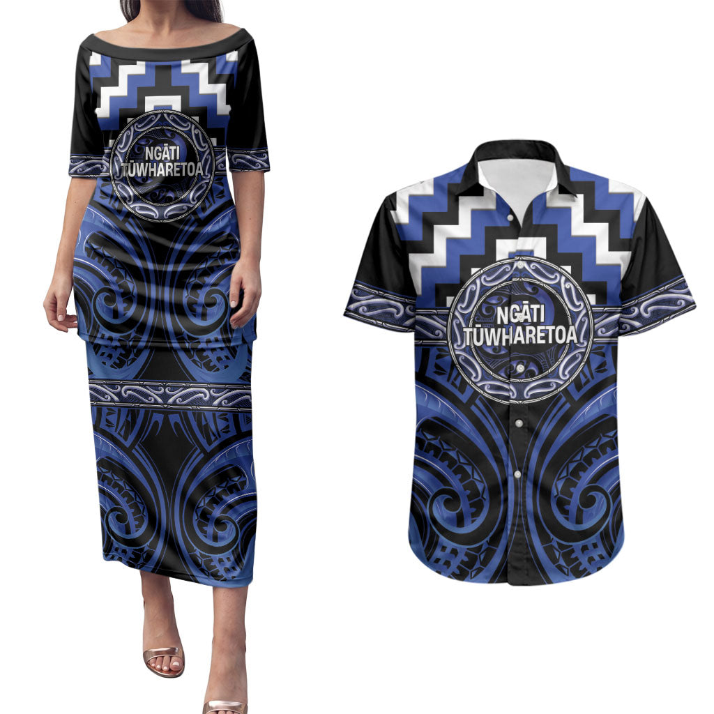 Aotearoa Ngati Tuwharetoa Personalised Couples Matching Puletasi and Hawaiian Shirt Maori Iwi Poutama Puhoro Tattoo LT14 Blue - Polynesian Pride