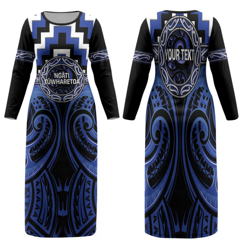 Aotearoa Ngati Tuwharetoa Personalised Family Matching Long Sleeve Bodycon Dress and Hawaiian Shirt Maori Iwi Poutama Puhoro Tattoo LT14 Mom's Dress Blue - Polynesian Pride