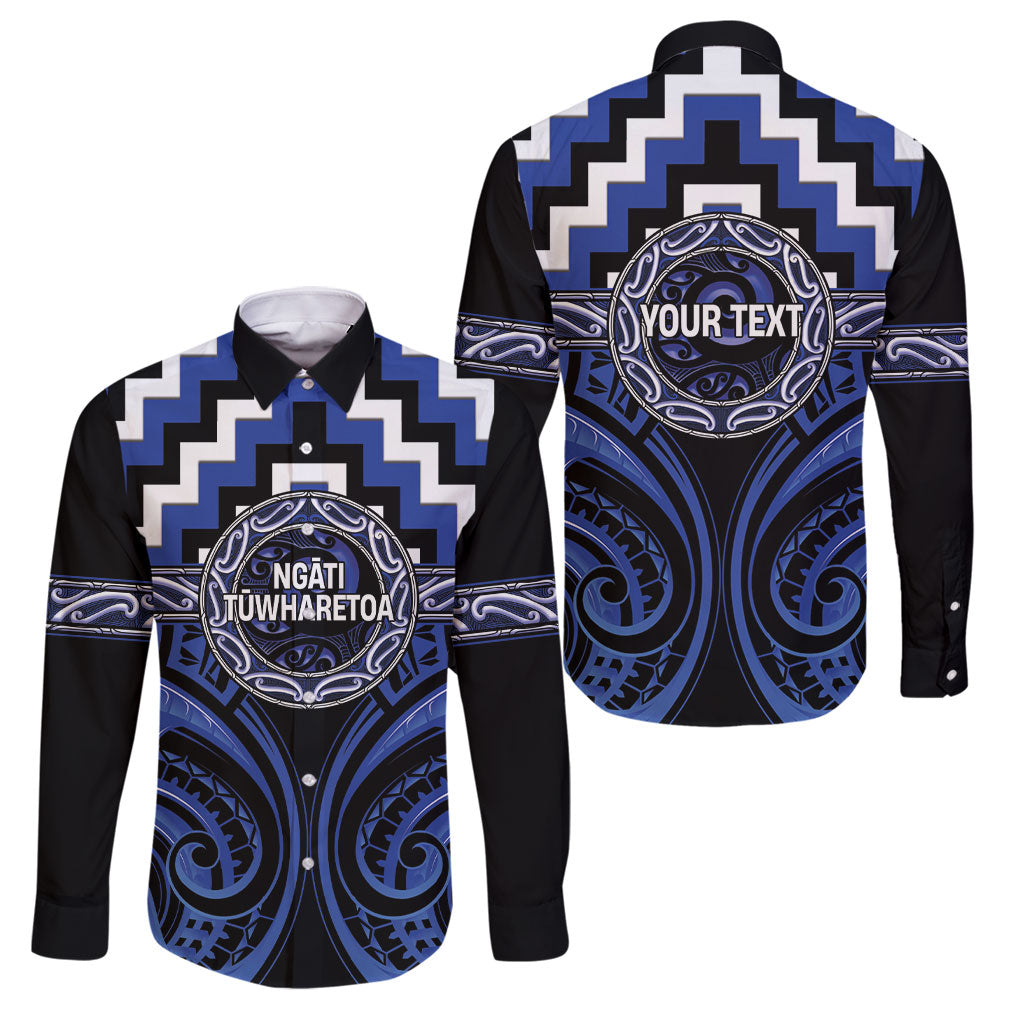 Aotearoa Ngati Tuwharetoa Personalised Family Matching Off The Shoulder Long Sleeve Dress and Hawaiian Shirt Maori Iwi Poutama Puhoro Tattoo LT14 Dad's Shirt - Long Sleeve Blue - Polynesian Pride