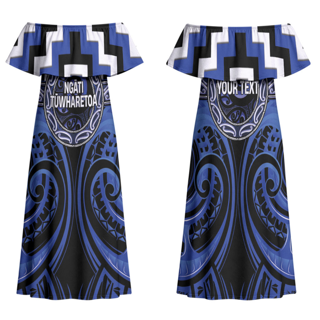 Aotearoa Ngati Tuwharetoa Personalised Family Matching Off Shoulder Maxi Dress and Hawaiian Shirt Maori Iwi Poutama Puhoro Tattoo LT14 Mom's Dress Blue - Polynesian Pride