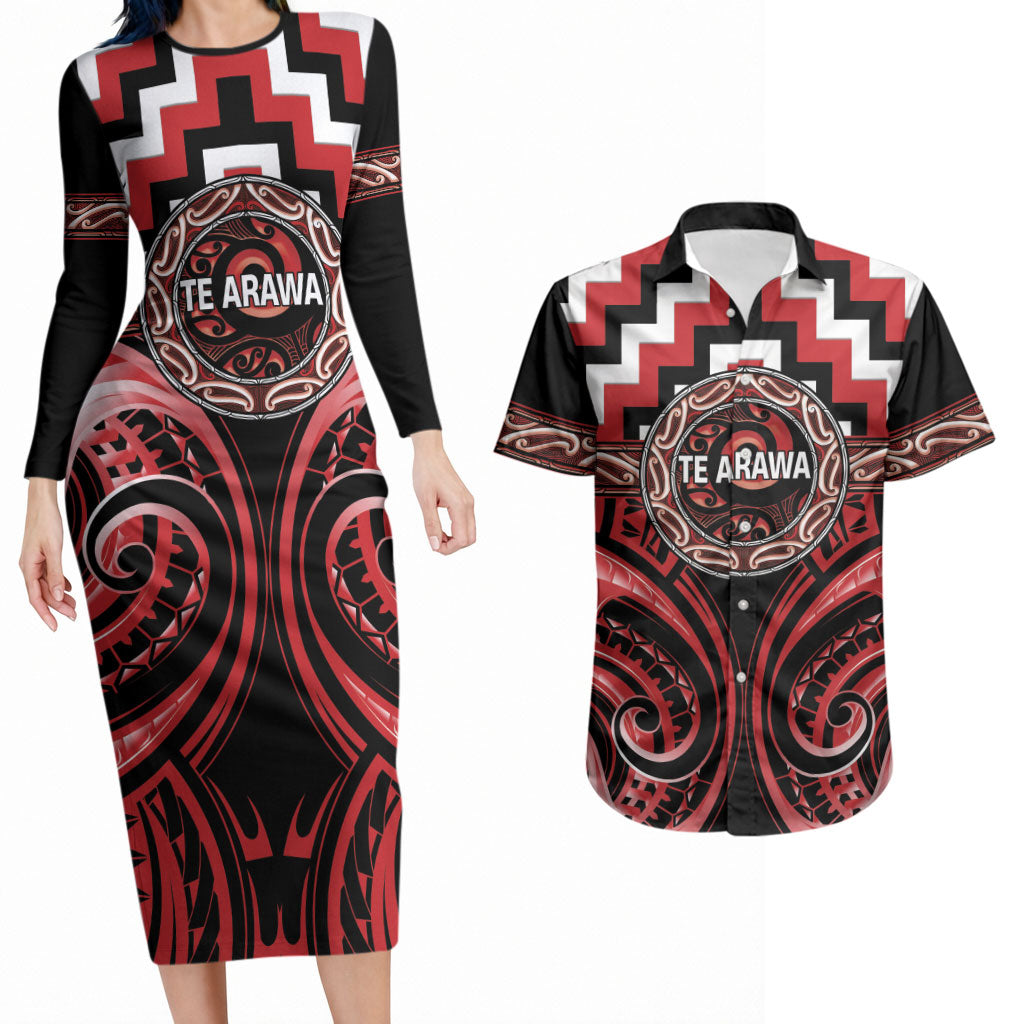 Aotearoa Te Arawa Personalised Couples Matching Long Sleeve Bodycon Dress and Hawaiian Shirt Maori Iwi Poutama Puhoro Tattoo LT14 Red - Polynesian Pride