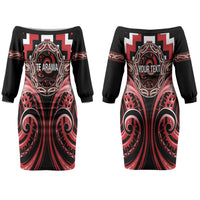Aotearoa Te Arawa Personalised Couples Matching Off The Shoulder Long Sleeve Dress and Long Sleeve Button Shirt Maori Iwi Poutama Puhoro Tattoo LT14 - Polynesian Pride