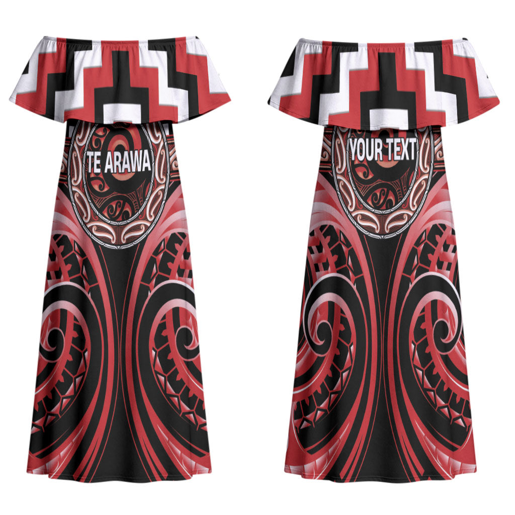 Aotearoa Te Arawa Personalised Family Matching Off Shoulder Maxi Dress and Hawaiian Shirt Maori Iwi Poutama Puhoro Tattoo LT14 Mom's Dress Red - Polynesian Pride