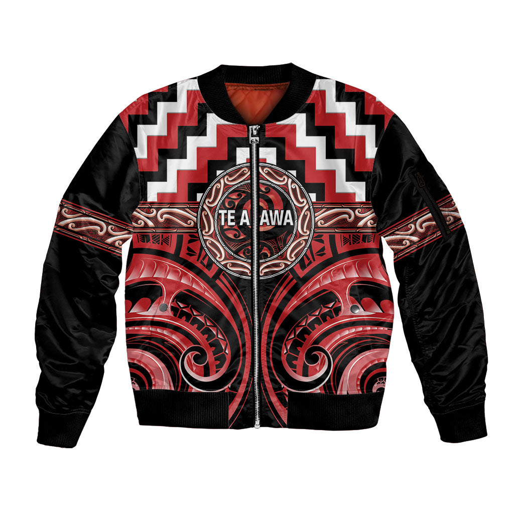 Aotearoa Te Arawa Personalised Sleeve Zip Bomber Jacket Maori Iwi Poutama Puhoro Tattoo LT14 Unisex Red - Polynesian Pride
