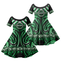 Aotearoa Ngai Tahu Personalised Family Matching Long Sleeve Bodycon Dress and Hawaiian Shirt Maori Iwi Poutama Puhoro Tattoo LT14 Daughter's Dress Green - Polynesian Pride