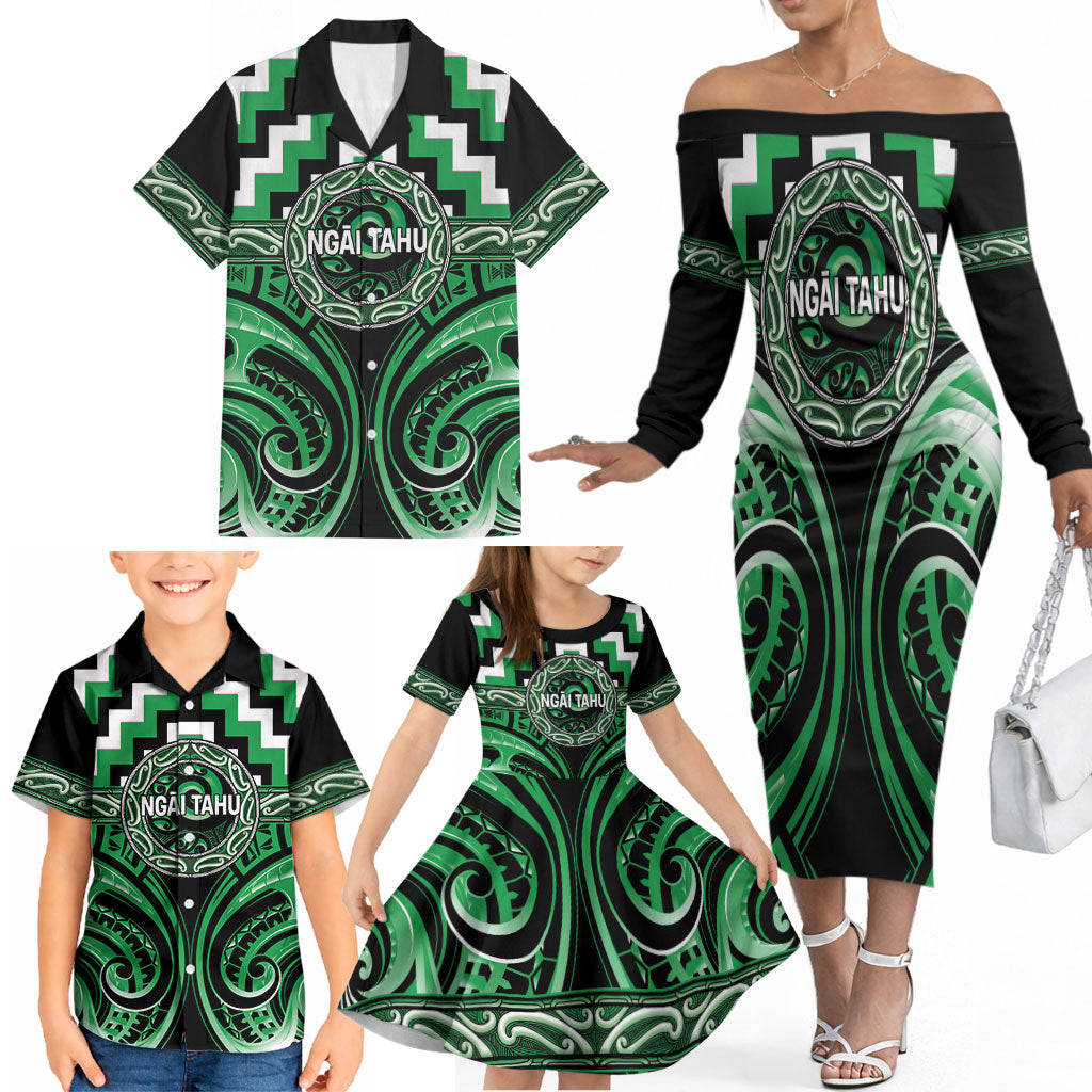 Aotearoa Ngai Tahu Personalised Family Matching Off The Shoulder Long Sleeve Dress and Hawaiian Shirt Maori Iwi Poutama Puhoro Tattoo LT14 - Polynesian Pride