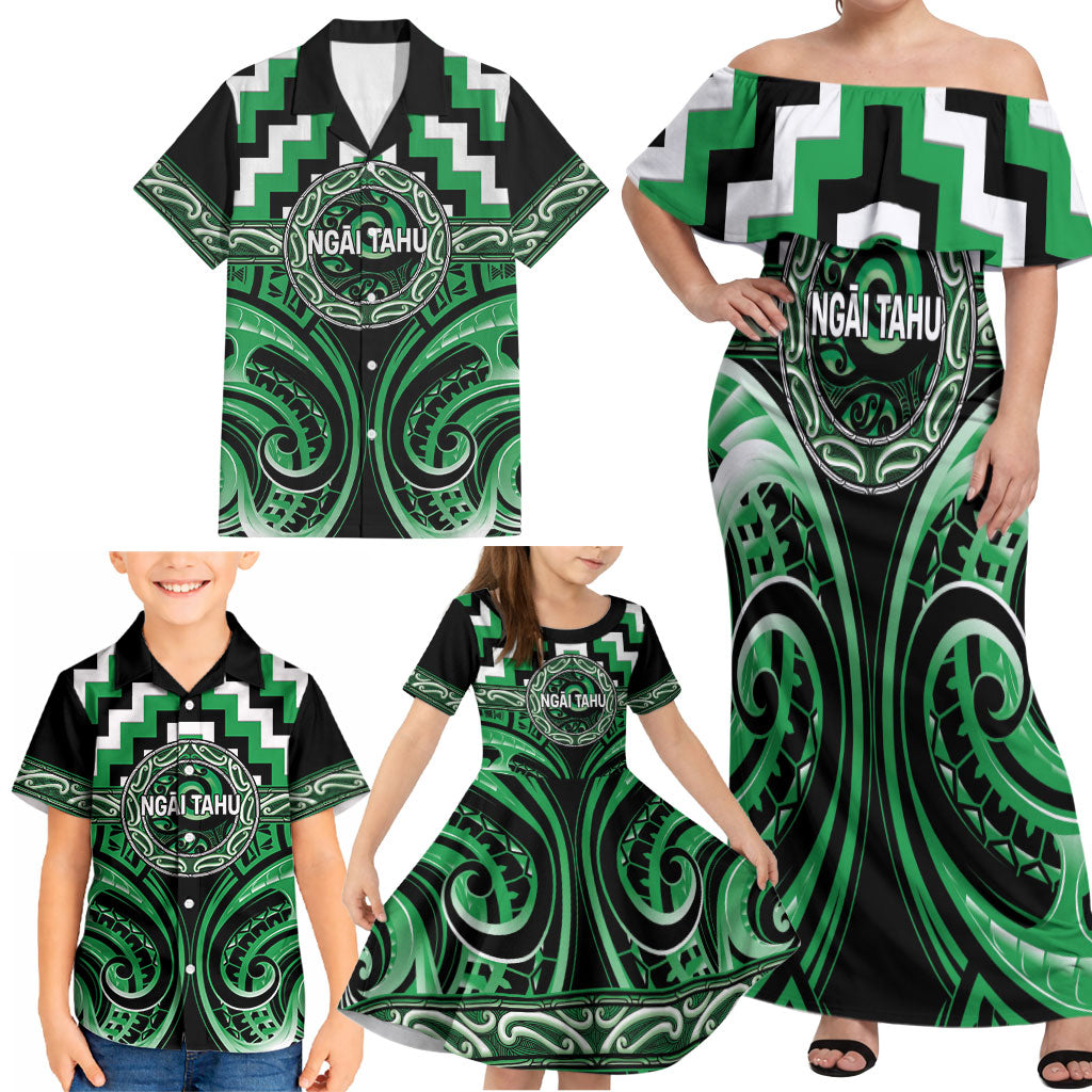 Aotearoa Ngai Tahu Personalised Family Matching Off Shoulder Maxi Dress and Hawaiian Shirt Maori Iwi Poutama Puhoro Tattoo LT14 - Polynesian Pride