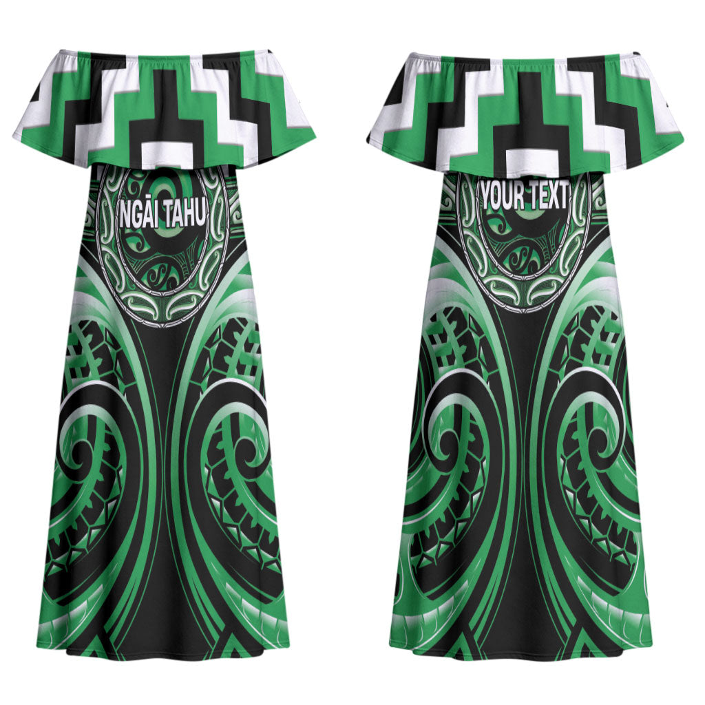 Aotearoa Ngai Tahu Personalised Family Matching Off Shoulder Maxi Dress and Hawaiian Shirt Maori Iwi Poutama Puhoro Tattoo LT14 Mom's Dress Green - Polynesian Pride