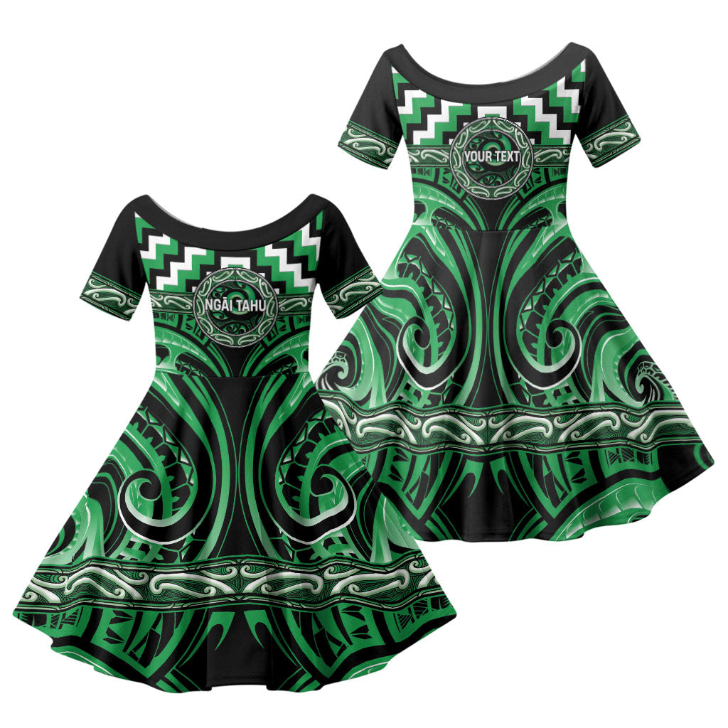 Aotearoa Ngai Tahu Personalised Family Matching Puletasi and Hawaiian Shirt Maori Iwi Poutama Puhoro Tattoo LT14 Daughter's Dress Green - Polynesian Pride