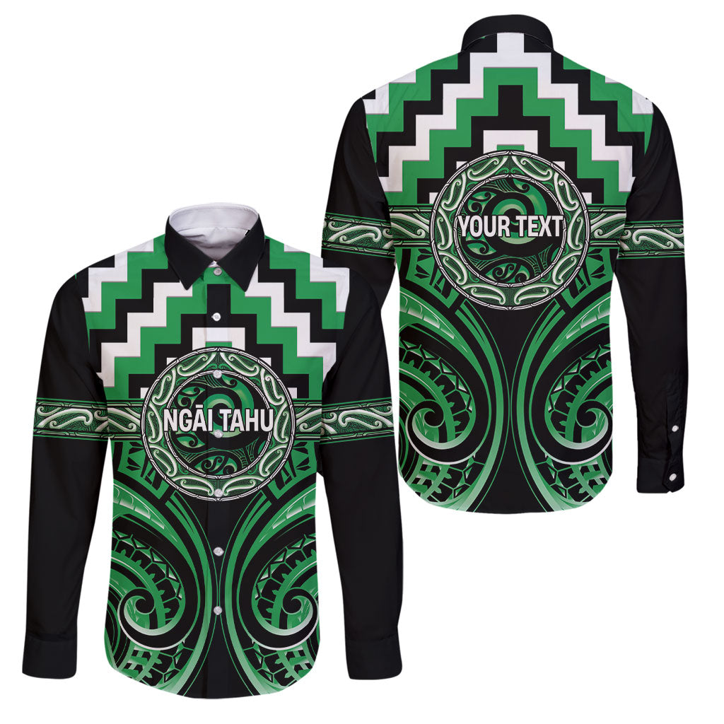 Aotearoa Ngai Tahu Personalised Family Matching Tank Maxi Dress and Hawaiian Shirt Maori Iwi Poutama Puhoro Tattoo LT14 Dad's Shirt - Long Sleeve Green - Polynesian Pride