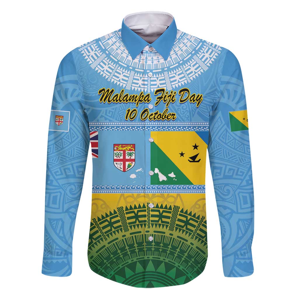 Personalised Malampa Fiji Day Family Matching Tank Maxi Dress and Hawaiian Shirt 10 October Fijian Tapa Flag Style LT14 Dad's Shirt - Long Sleeve Blue - Polynesian Pride