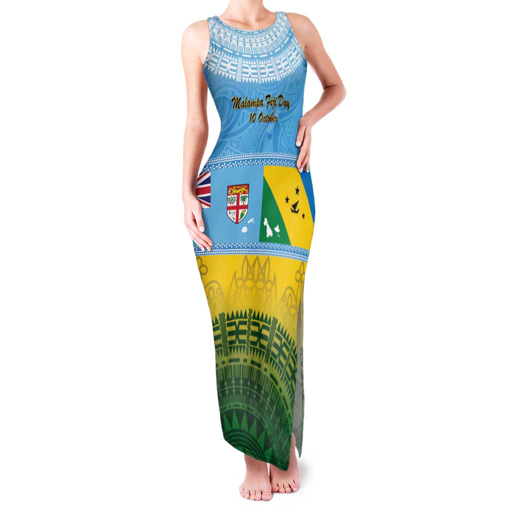 Personalised Malampa Fiji Day Family Matching Tank Maxi Dress and Hawaiian Shirt 10 October Fijian Tapa Flag Style LT14 Mom's Dress Blue - Polynesian Pride