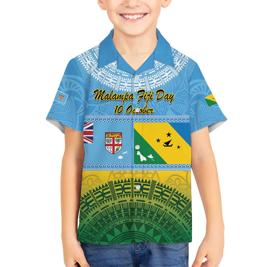 Personalised Malampa Fiji Day Family Matching Tank Maxi Dress and Hawaiian Shirt 10 October Fijian Tapa Flag Style LT14 Son's Shirt Blue - Polynesian Pride