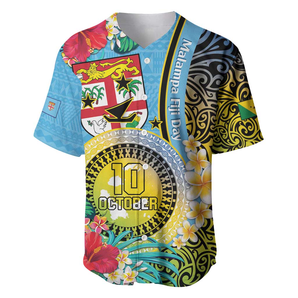 Vanuatu Malampa Fiji Day Baseball Jersey Happy 10 October With Maps Tropical Flowers LT14 Blue - Polynesian Pride