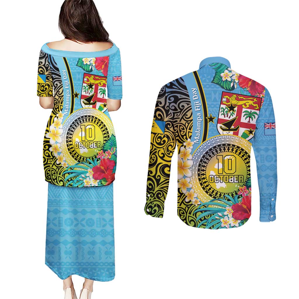 Vanuatu Malampa Fiji Day Couples Matching Puletasi and Long Sleeve Button Shirt Happy 10 October With Maps Tropical Flowers