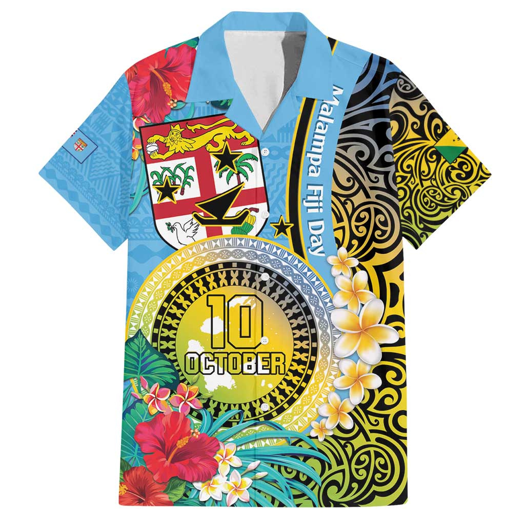 Vanuatu Malampa Fiji Day Family Matching Long Sleeve Bodycon Dress and Hawaiian Shirt Happy 10 October With Maps Tropical Flowers LT14 Dad's Shirt - Short Sleeve Blue - Polynesian Pride