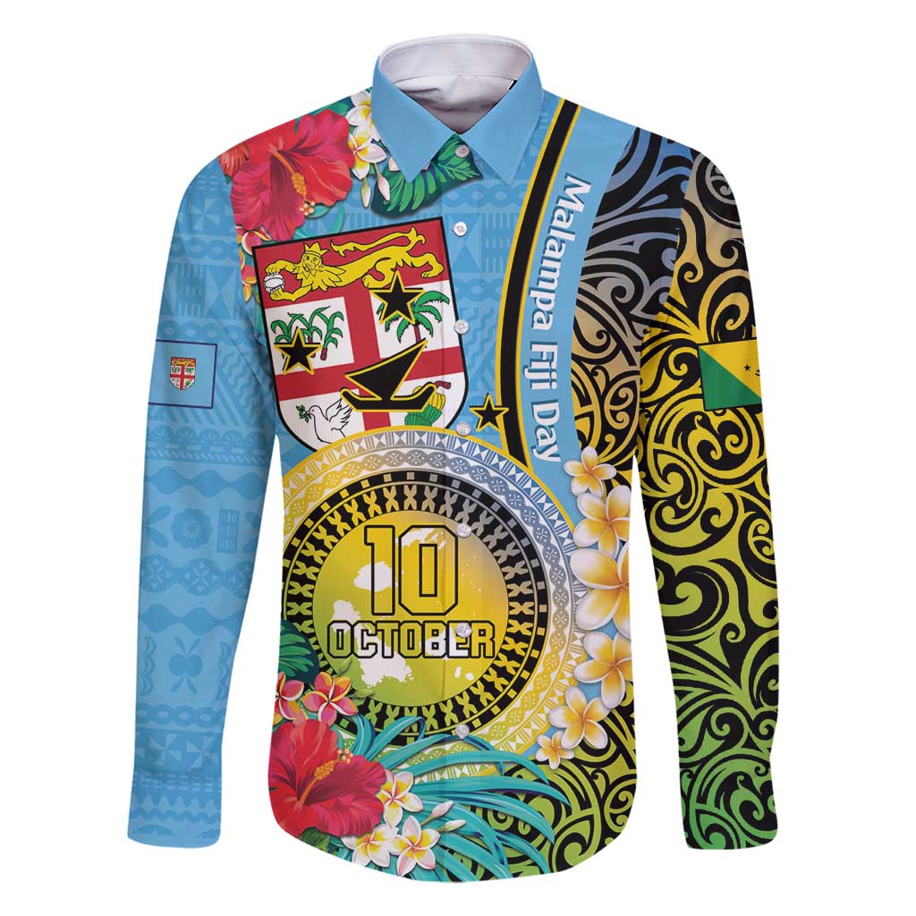 Vanuatu Malampa Fiji Day Family Matching Long Sleeve Bodycon Dress and Hawaiian Shirt Happy 10 October With Maps Tropical Flowers LT14 Dad's Shirt - Long Sleeve Blue - Polynesian Pride