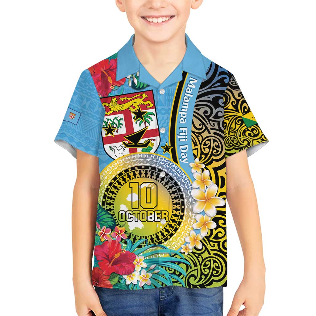 Vanuatu Malampa Fiji Day Family Matching Tank Maxi Dress and Hawaiian Shirt Happy 10 October With Maps Tropical Flowers LT14 Son's Shirt Blue - Polynesian Pride