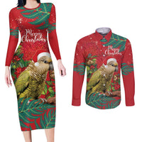 Personalised New Zealand Kakapo Christmas Couples Matching Long Sleeve Bodycon Dress and Long Sleeve Button Shirt Meri Kirihimete Silver Fern Mix Pohutukawa