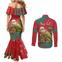 Personalised New Zealand Kakapo Christmas Couples Matching Mermaid Dress and Long Sleeve Button Shirt Meri Kirihimete Silver Fern Mix Pohutukawa
