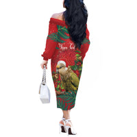 Personalised New Zealand Kakapo Christmas Off The Shoulder Long Sleeve Dress Meri Kirihimete Silver Fern Mix Pohutukawa