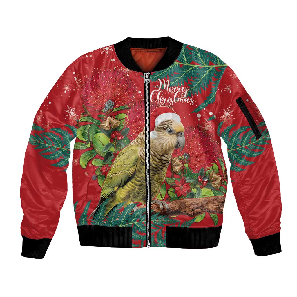 Personalised New Zealand Kakapo Christmas Sleeve Zip Bomber Jacket Meri Kirihimete Silver Fern Mix Pohutukawa LT14 Unisex Red - Polynesian Pride