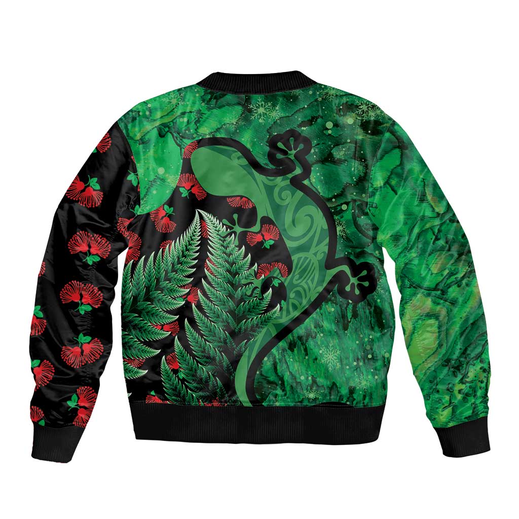 New Zealand Gecko Christmas Bomber Jacket Meri Kirihimete Paua Shell Mix Pohutukawa