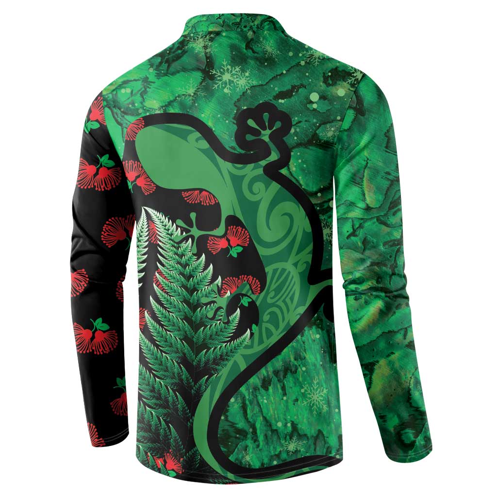 New Zealand Gecko Christmas Button Sweatshirt Meri Kirihimete Paua Shell Mix Pohutukawa