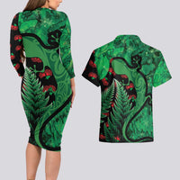 New Zealand Gecko Christmas Couples Matching Long Sleeve Bodycon Dress and Hawaiian Shirt Meri Kirihimete Paua Shell Mix Pohutukawa