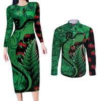 New Zealand Gecko Christmas Couples Matching Long Sleeve Bodycon Dress and Long Sleeve Button Shirt Meri Kirihimete Paua Shell Mix Pohutukawa