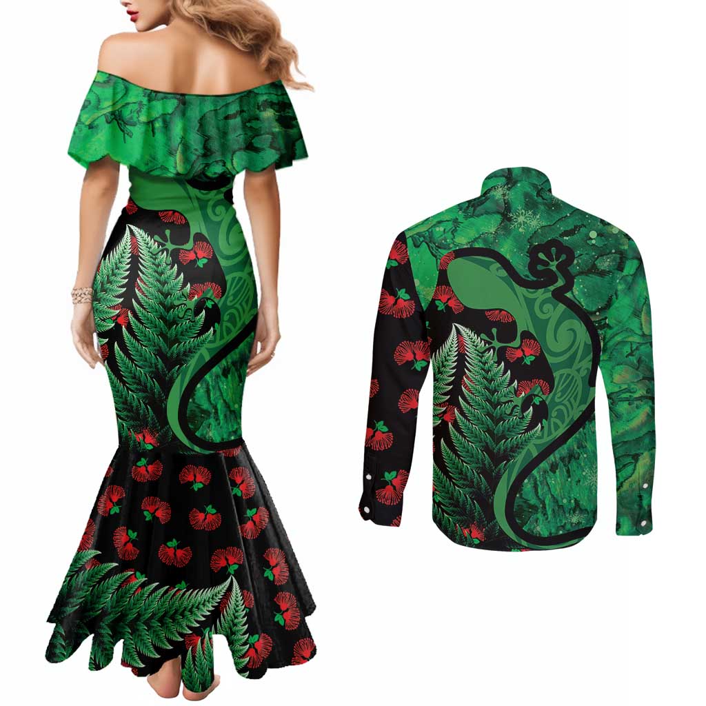 New Zealand Gecko Christmas Couples Matching Mermaid Dress and Long Sleeve Button Shirt Meri Kirihimete Paua Shell Mix Pohutukawa