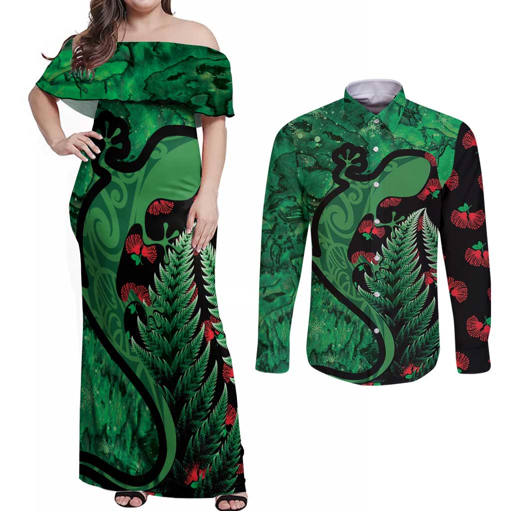 New Zealand Gecko Christmas Couples Matching Off Shoulder Maxi Dress and Long Sleeve Button Shirt Meri Kirihimete Paua Shell Mix Pohutukawa