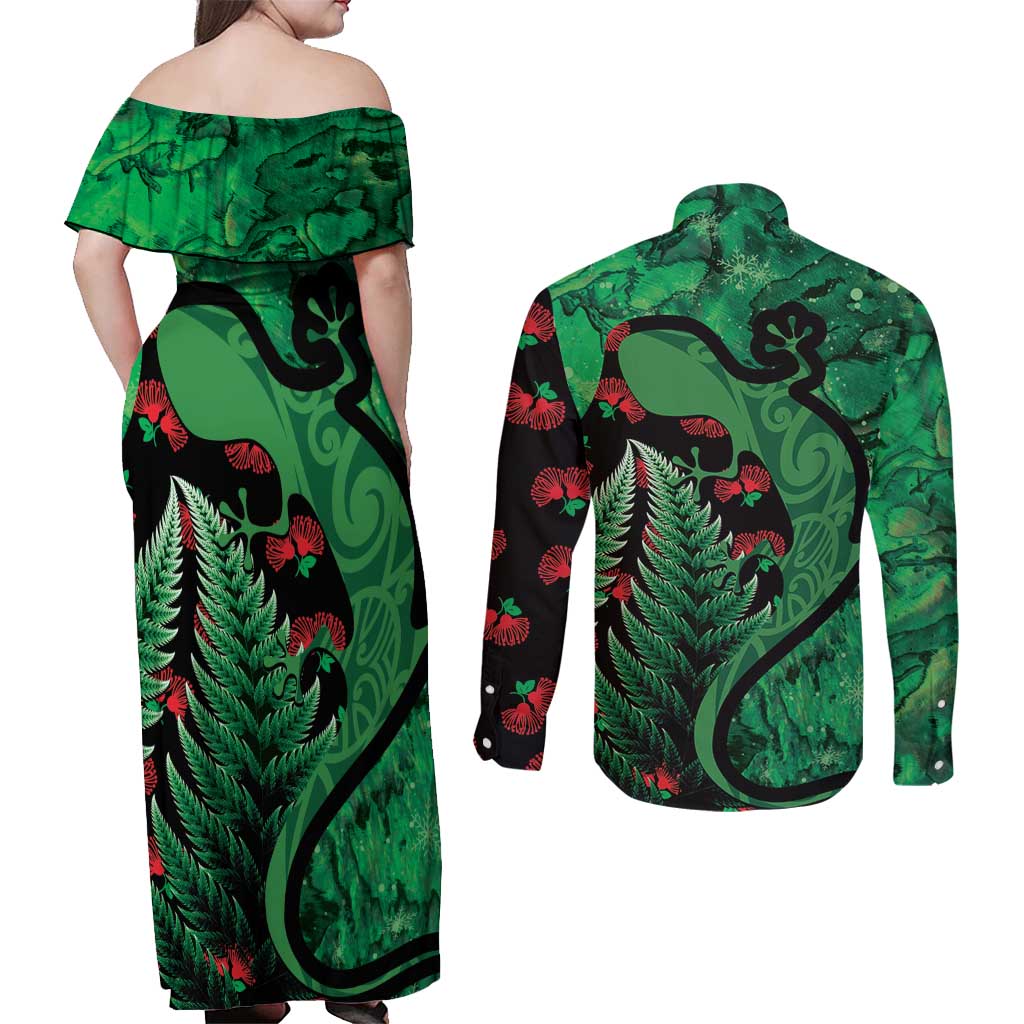 New Zealand Gecko Christmas Couples Matching Off Shoulder Maxi Dress and Long Sleeve Button Shirt Meri Kirihimete Paua Shell Mix Pohutukawa