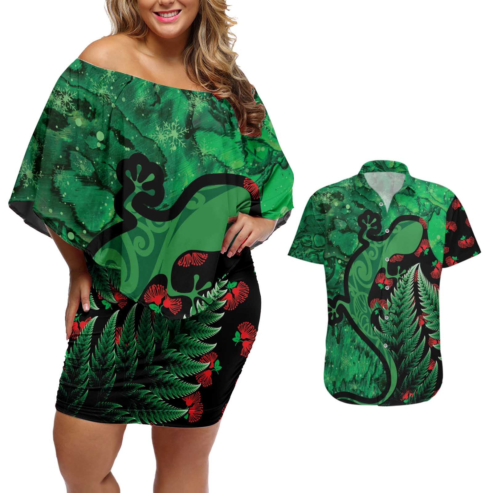 New Zealand Gecko Christmas Couples Matching Off Shoulder Short Dress and Hawaiian Shirt Meri Kirihimete Paua Shell Mix Pohutukawa