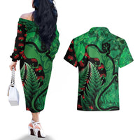 New Zealand Gecko Christmas Couples Matching Off The Shoulder Long Sleeve Dress and Hawaiian Shirt Meri Kirihimete Paua Shell Mix Pohutukawa