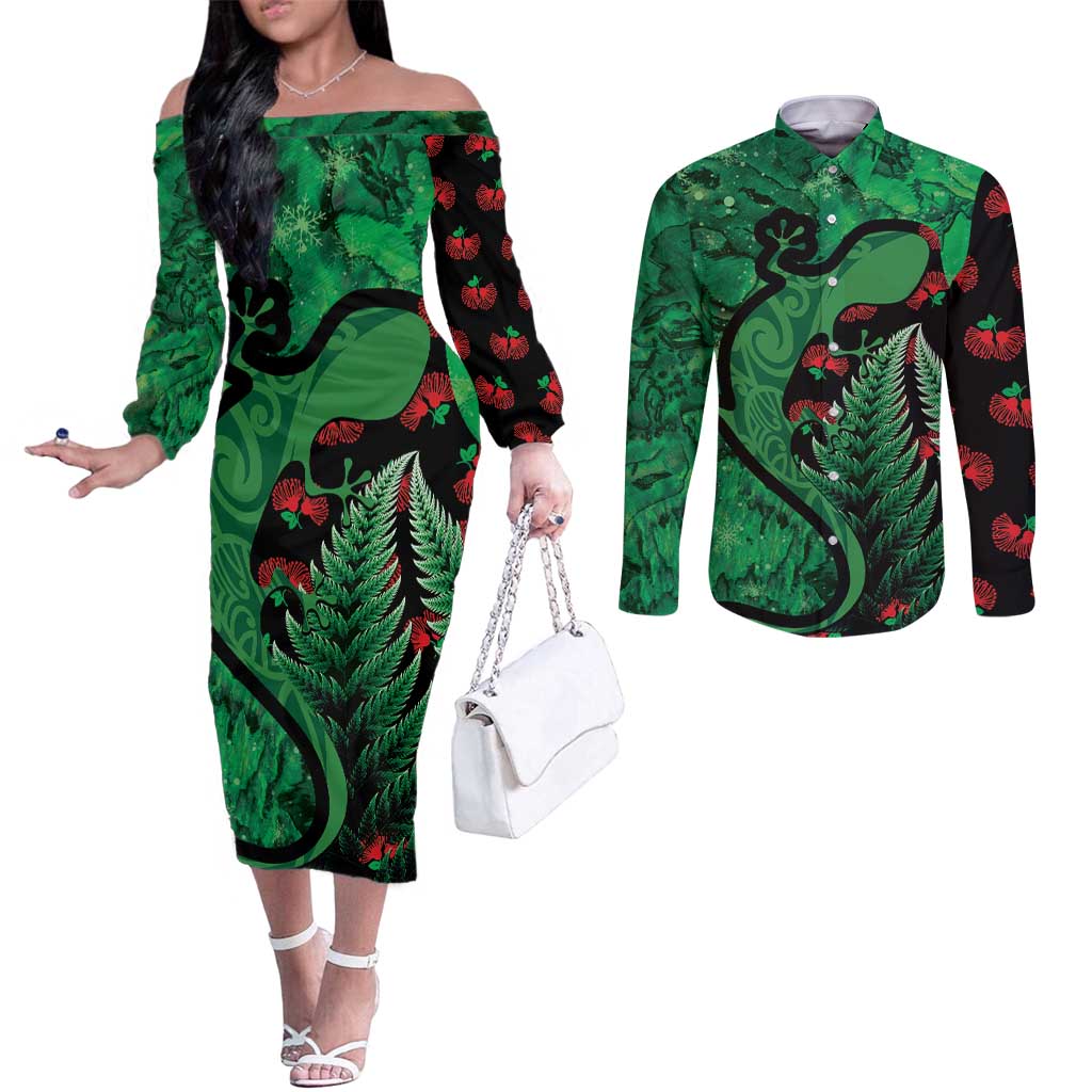 New Zealand Gecko Christmas Couples Matching Off The Shoulder Long Sleeve Dress and Long Sleeve Button Shirt Meri Kirihimete Paua Shell Mix Pohutukawa