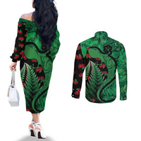 New Zealand Gecko Christmas Couples Matching Off The Shoulder Long Sleeve Dress and Long Sleeve Button Shirt Meri Kirihimete Paua Shell Mix Pohutukawa