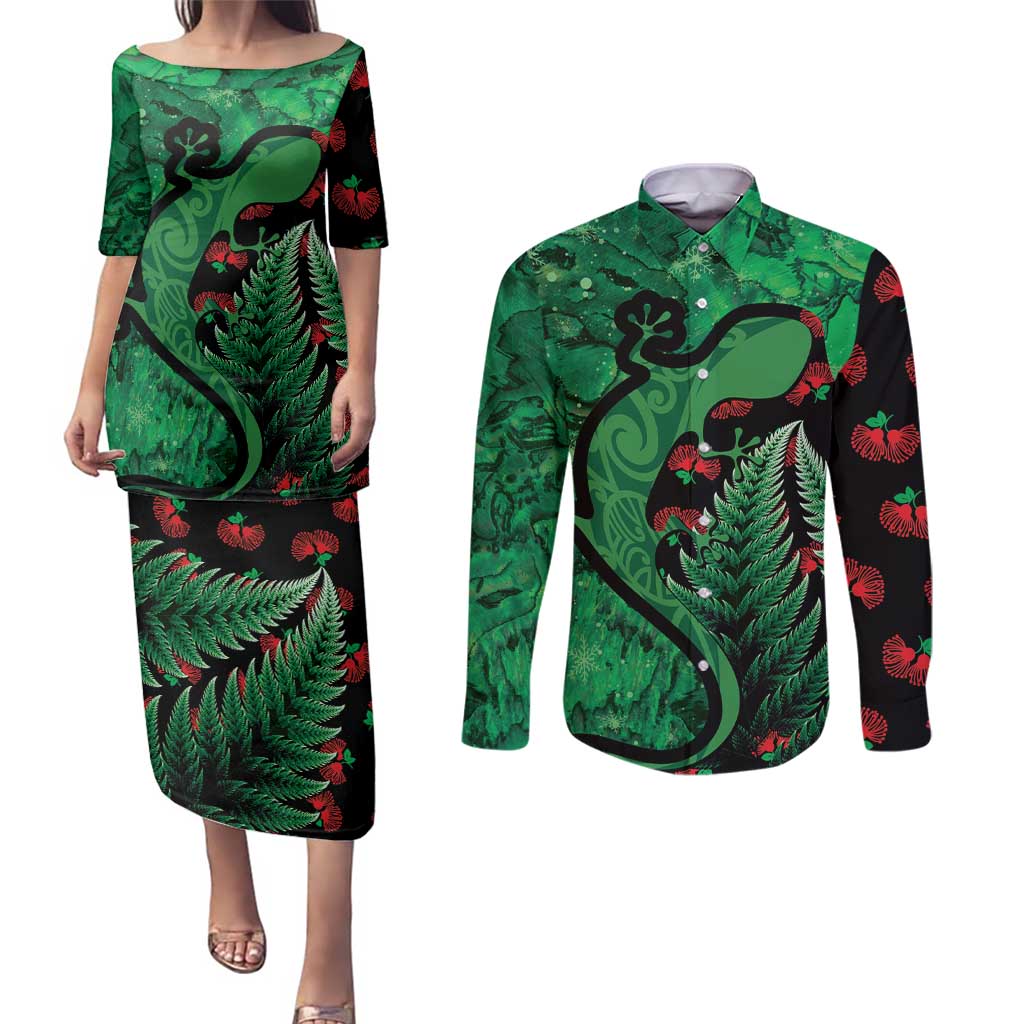 New Zealand Gecko Christmas Couples Matching Puletasi and Long Sleeve Button Shirt Meri Kirihimete Paua Shell Mix Pohutukawa